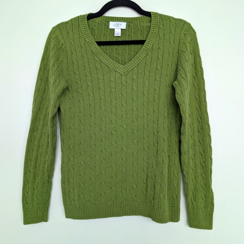 LOFT Women's Green Cable Knit Fisherman V Neck Sweater Sz MP